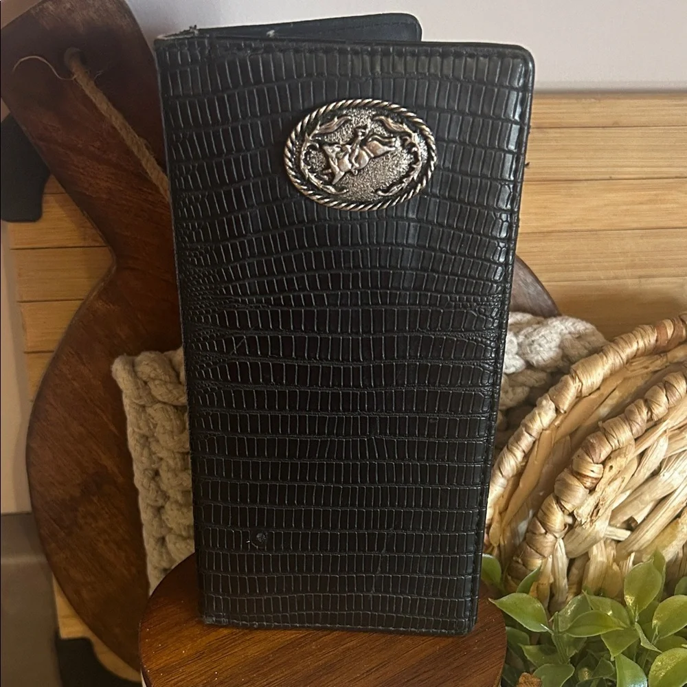 Rodeo Bucking Bull Emblem Black Textured Wallet Vegan Leather